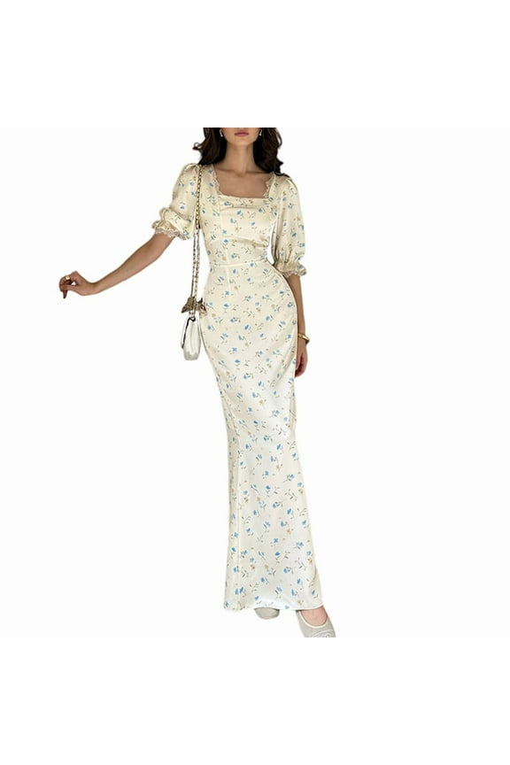Womens Casual Summer Square Neck Puff Sleeve Dress Boho Floral Print Long Dresses White M