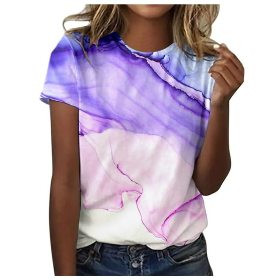 Womens Casual Summer Tops Floral Letter Gradient Print Heart Spring Colorful Short Sleeve Crew Neck T Shirt Top Women T-Shirt Blouse, S-2XL