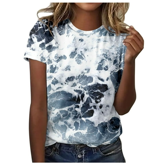 Womens Casual Summer Tops Floral Letter Gradient Print Heart Spring Colorful Short Sleeve Crew Neck T Shirt Top Women T-Shirt Blouse, S-2XL