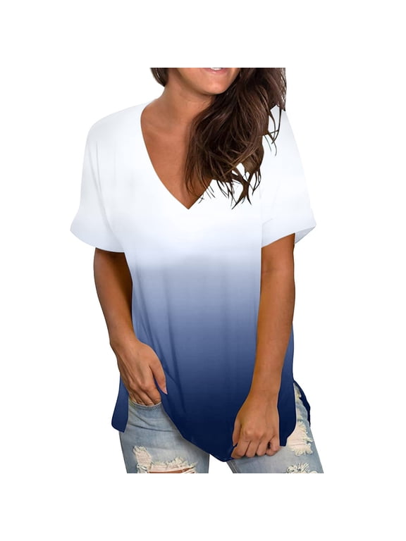 Womens Casual Summer Tops Floral Short Sleeve V Neck Tee T Shirt Printed Loose Side Split Tunic