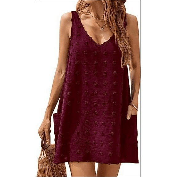 Womens Casual Sun Summer Dresses Swiss Polka Dot Beach Cover Up V Neck Tank Dress with Pockets