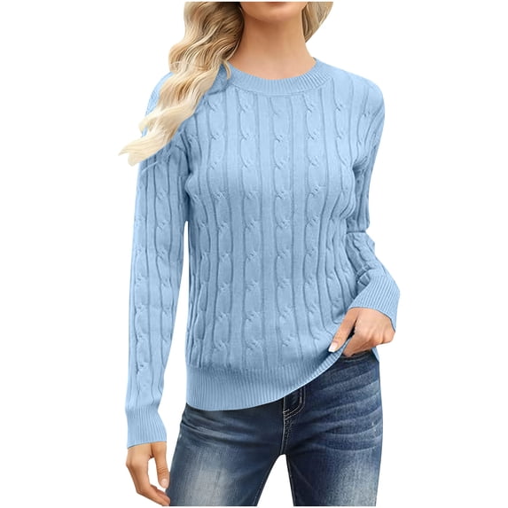 Womens Casual Sweaters Fitted Soft Crewneck Pullover Sweatshirt Knitwear Long Sleeve Solid Color Knit Tops (L, Light Blue)