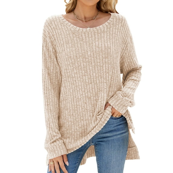 SHIBEVER Womens Casual Sweaters Long Sleeve Fashion Loose Fall Winter Tops Lightweight Soft Crew Neck Sweater Beige Pullover Fashion T Shirt Size XL
