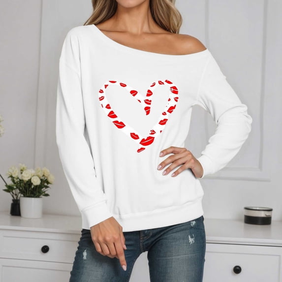 Womens Casual Sweatshirt Graphic Printed One Shoulder Tops Long Sleeve Lightweight Loose Pullover Sweatshirt