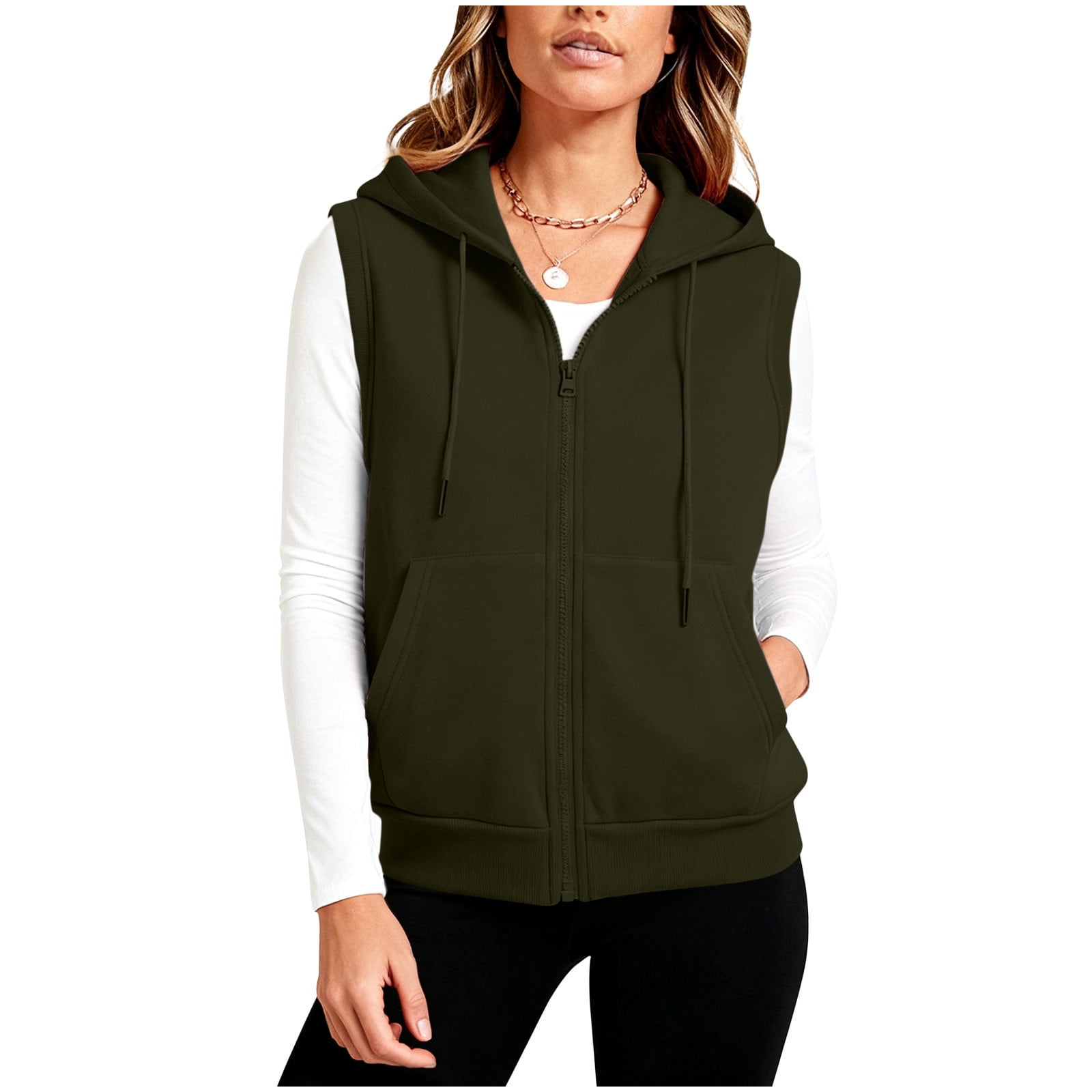 Womens Casual Sweatshirts Cotton Sleeveless Hooded Outerwear Vest with Pockets Sport Casual Full Zip Hoodie Jacket (5XL, Army Green)