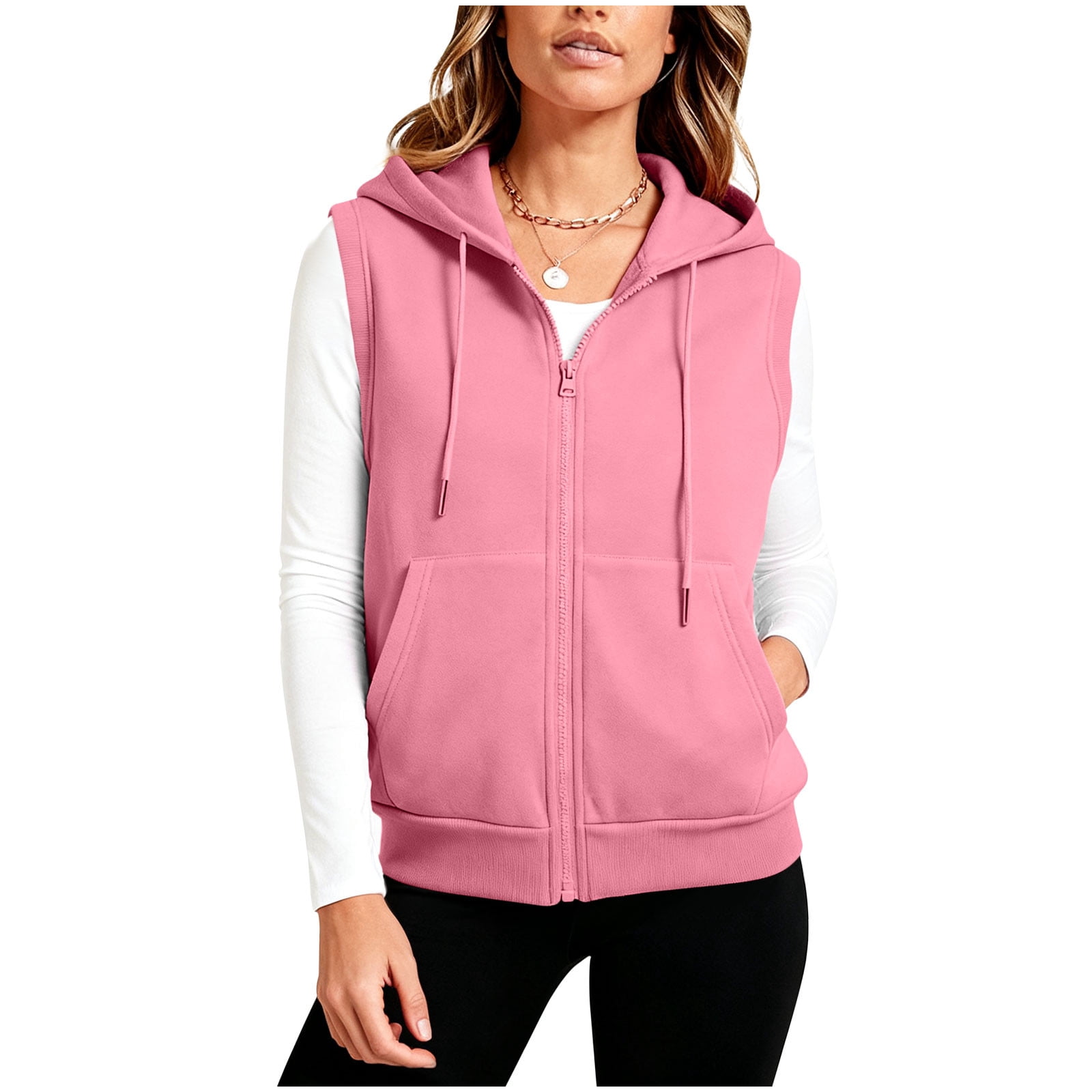 Womens Casual Sweatshirts Cotton Sleeveless Hooded Outerwear Vest with Pockets Sport Casual Full Zip Hoodie Jacket (XL, Pink)