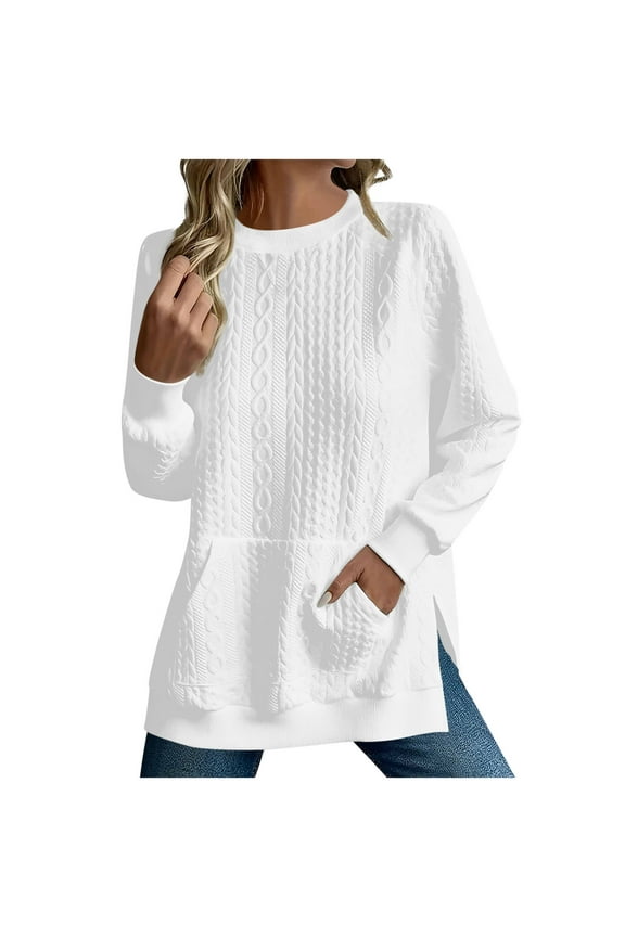 Womens Casual Sweatshirts Fashion Round Neck Side Slit Shirts Loose Solid Color Pullover Top Fall Knitting Cotton Long Sleeved Sweatshirt with Pocket