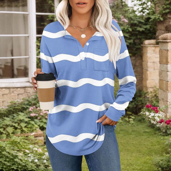 Womens Casual Sweatshirts Long Sleeve Button Down Henley V Neck Shirts Striped Gradient Color Block Tops with Pocket