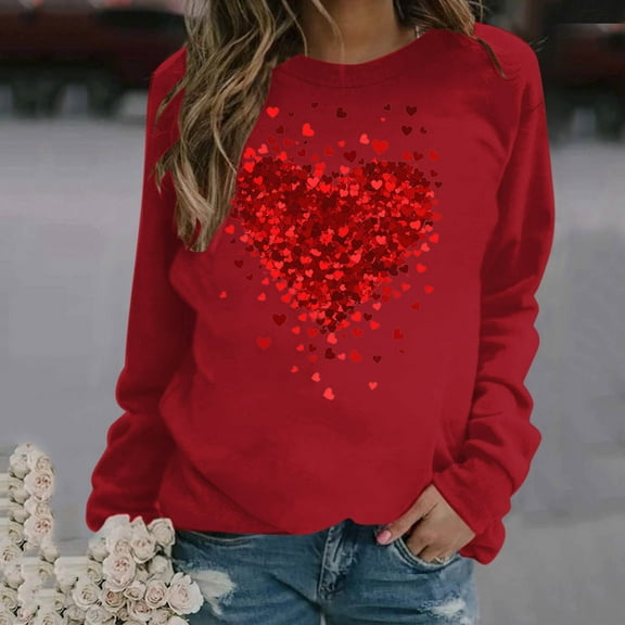 Womens Casual Sweatshirts Long Sleeve Tops Valentine's Day Ladies Tunics Shirts Pullover Blouses Loose Fitting Tees Fashion Clothing Sweatshirts Red L