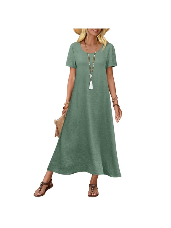Womens Casual T-Shirt Dress, Lightweight Soft Flowy Long Shift Dress, Elegant Solid Color Beach Vacation Loungewear, S-2XL