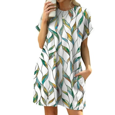 Womens Casual T Shirt Dress Summer Floral Short Sleeve Beach Loose Sundresses with Pockets