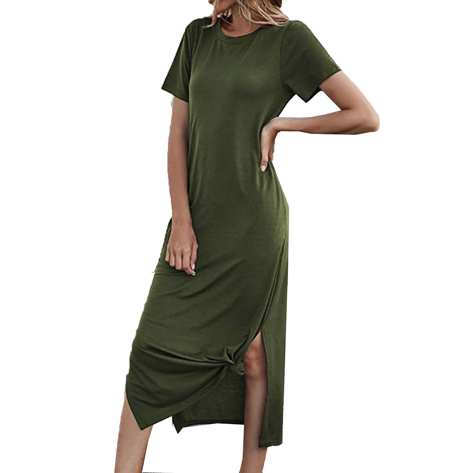 Womens Casual TShirt Midi Dress Short Sleeve Summer High Splits Dress