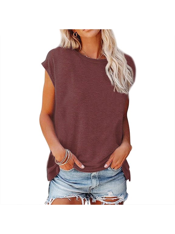 Womens Casual T-Shirt Sleeveless Crewneck Side Split Loose Basic tops Summer