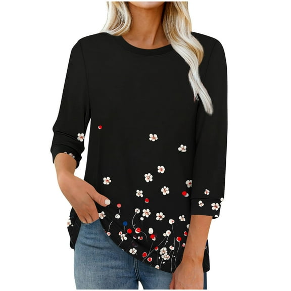 Womens Casual T Shirts 3/4 Length Sleeve Graphic Printed Base Tees Fall Tops Crew Neck Loose Fit Tunic Tops (M, Black 01)