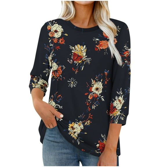 Womens Casual T Shirts 3/4 Length Sleeve Graphic Printed Base Tees Fall Tops Crew Neck Loose Fit Tunic Tops (M, Black 02)