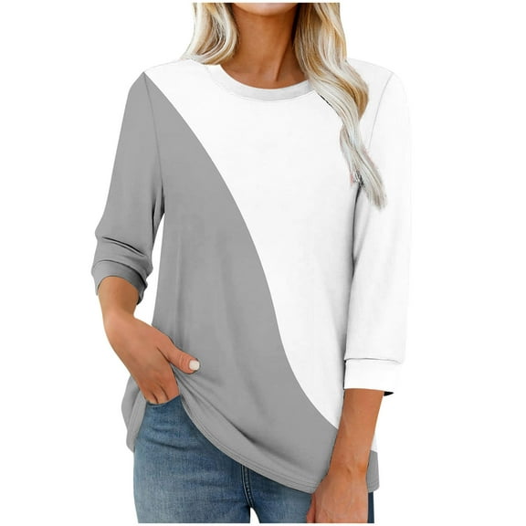 Womens Casual T Shirts 3/4 Length Sleeve Graphic Printed Base Tees Fall Tops Crew Neck Loose Fit Tunic Tops (M, Gray 01)