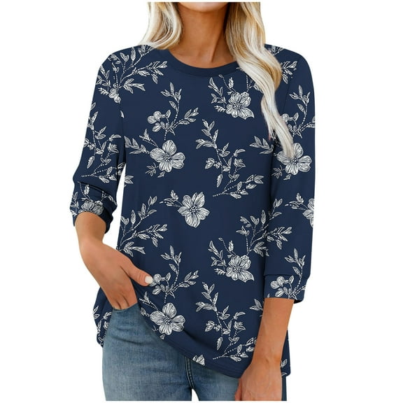 Womens Casual T Shirts 3/4 Length Sleeve Graphic Printed Base Tees Fall Tops Crew Neck Loose Fit Tunic Tops (M, Navy)