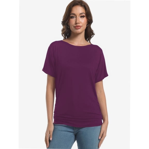 Womens Casual T Shirts Dolman Short Sleeve Shirts Boat Neck Ruched Tops Summer Lightweight Clothes