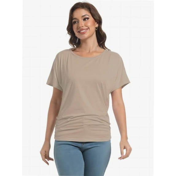 Womens Casual Dolman Boat Neck Short Sleeve T Shirts Ruched Tops Summer Lightweight Clothes
