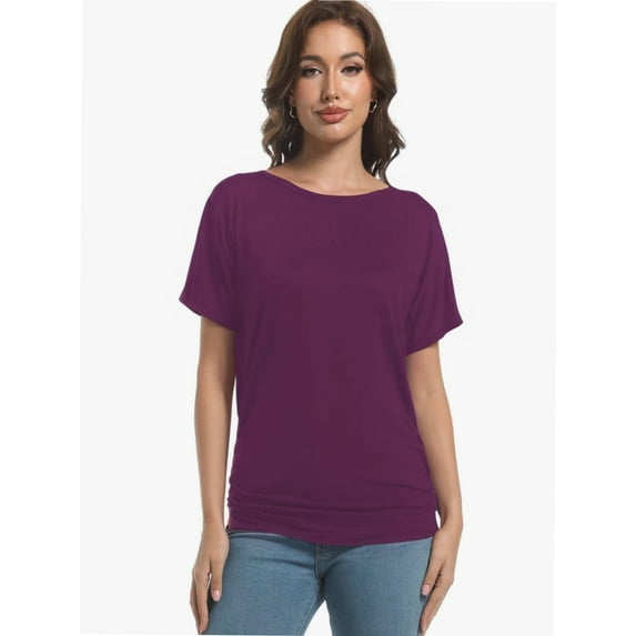 Womens Casual T Shirts Dolman Short Sleeve Shirts Boat Neck Ruched Tops Summer Lightweight Clothes