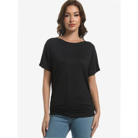 Womens Casual T Shirts Dolman Short Sleeve Shirts Boat Neck Ruched Tops Summer Lightweight Clothes