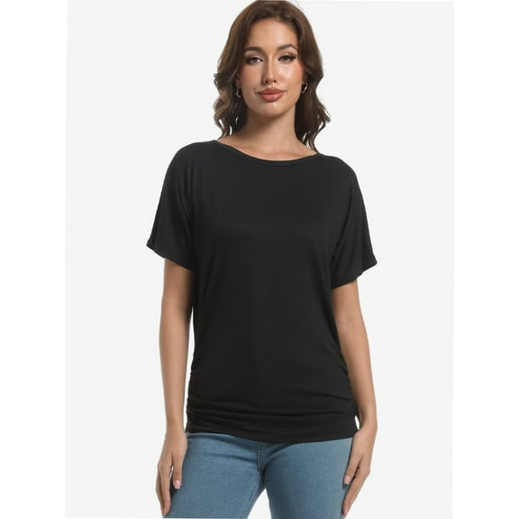 Womens Casual T Shirts Dolman Short Sleeve Shirts Boat Neck Ruched Tops Summer Lightweight Clothes