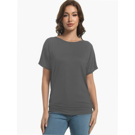 Womens Casual T Shirts Dolman Short Sleeve Shirts Boat Neck Ruched Tops Summer Lightweight Clothes