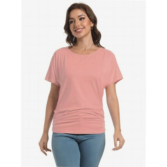 Womens Casual T Shirts Dolman Short Sleeve Shirts Boat Neck Ruched Tops Summer Lightweight Clothes