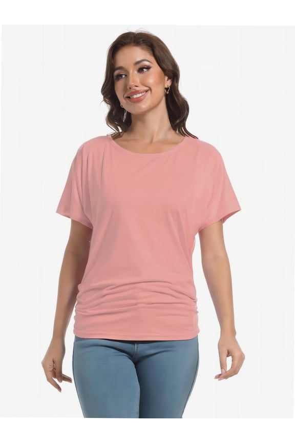 Womens Casual T Shirts Dolman Short Sleeve Shirts Boat Neck Ruched Tops Summer Lightweight Clothes