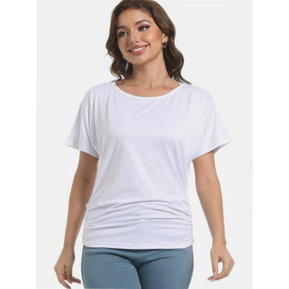 Womens Casual T Shirts Dolman Short Sleeve Shirts Boat Neck Ruched Tops Summer Lightweight Clothes