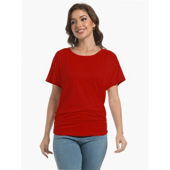 Womens Casual T Shirts Dolman Short Sleeve Shirts Boat Neck Ruched Tops Summer Lightweight Clothes