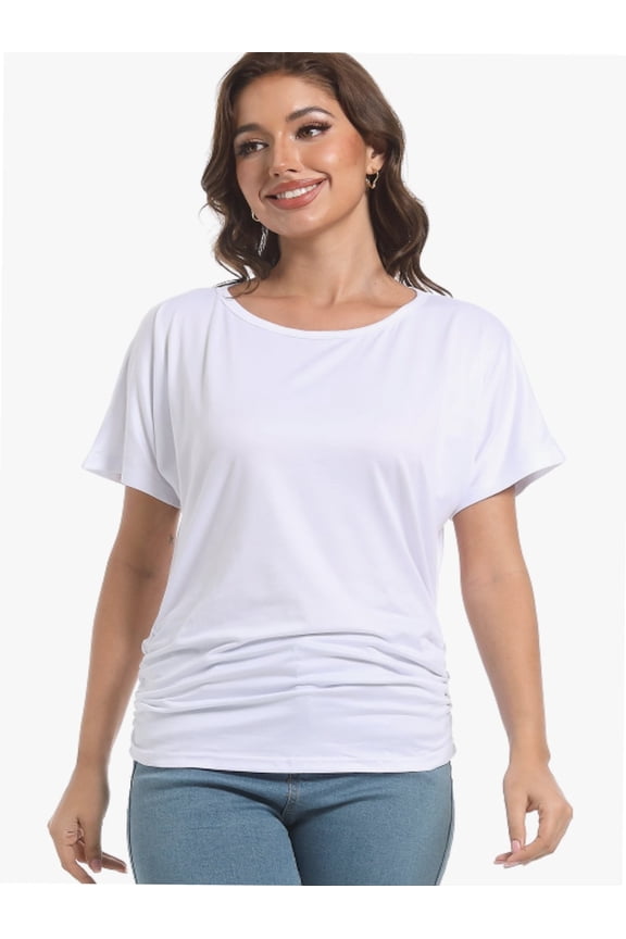 Womens Casual T Shirts Dolman Short Sleeve Shirts Boat Neck Ruched Tops Summer Lightweight Clothes