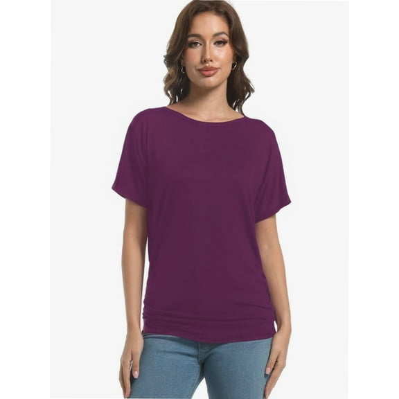 Womens Casual Dolman Boat Neck Short Sleeve T Shirts Ruched Tops Summer Lightweight Clothes