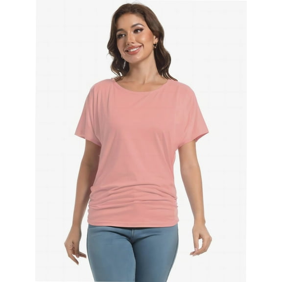 Womens Casual Dolman Boat Neck Short Sleeve T Shirts Ruched Tops Summer Lightweight Clothes