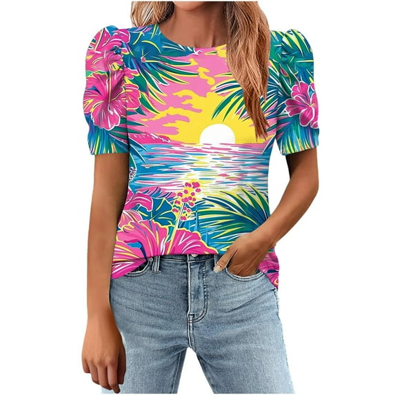 Womens Casual T-Shirts Fashion Floral Prints Shirts Loose Round Neck Puff Sleeves Pleated Blouse Womens Summer Short Sleeve Blouses Pullover Tops