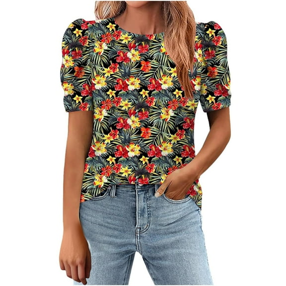 Womens Casual T-Shirts Fashion Floral Prints Shirts Loose Round Neck Puff Sleeves Pleated Blouse Womens Summer Short Sleeve Blouses Pullover Tops
