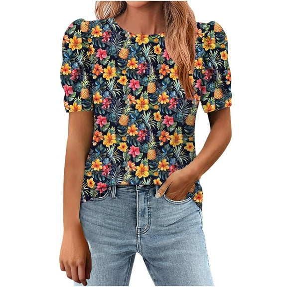 Womens Casual T-Shirts Fashion Floral Prints Shirts Loose Round Neck Puff Sleeves Pleated Blouse Womens Summer Short Sleeve Blouses Pullover Tops