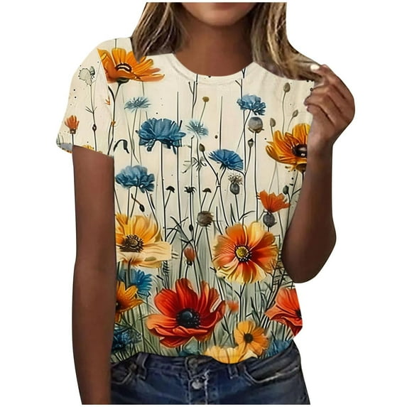Womens Casual T-Shirts Full Spring Floral Print Blouses Plus Size Loose Pullover Short Sleeve Shirts Summer Clothing Top with Short Sleeves