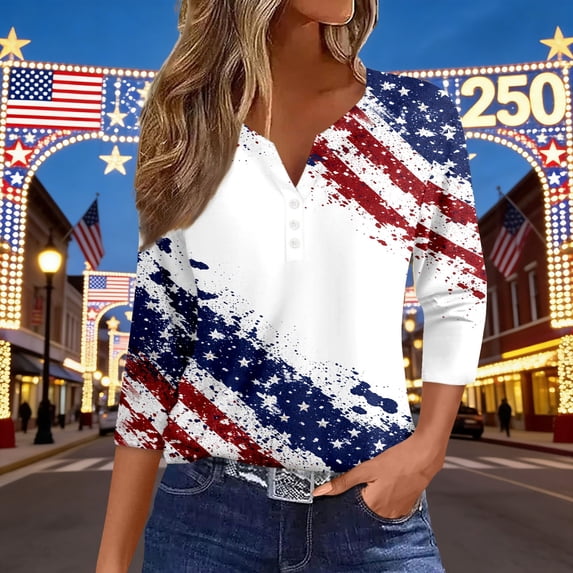 Womens Casual T-Shirts Patriotic Graphic 4th Of July 3/4 Sleeve Color Clock V Neck White L