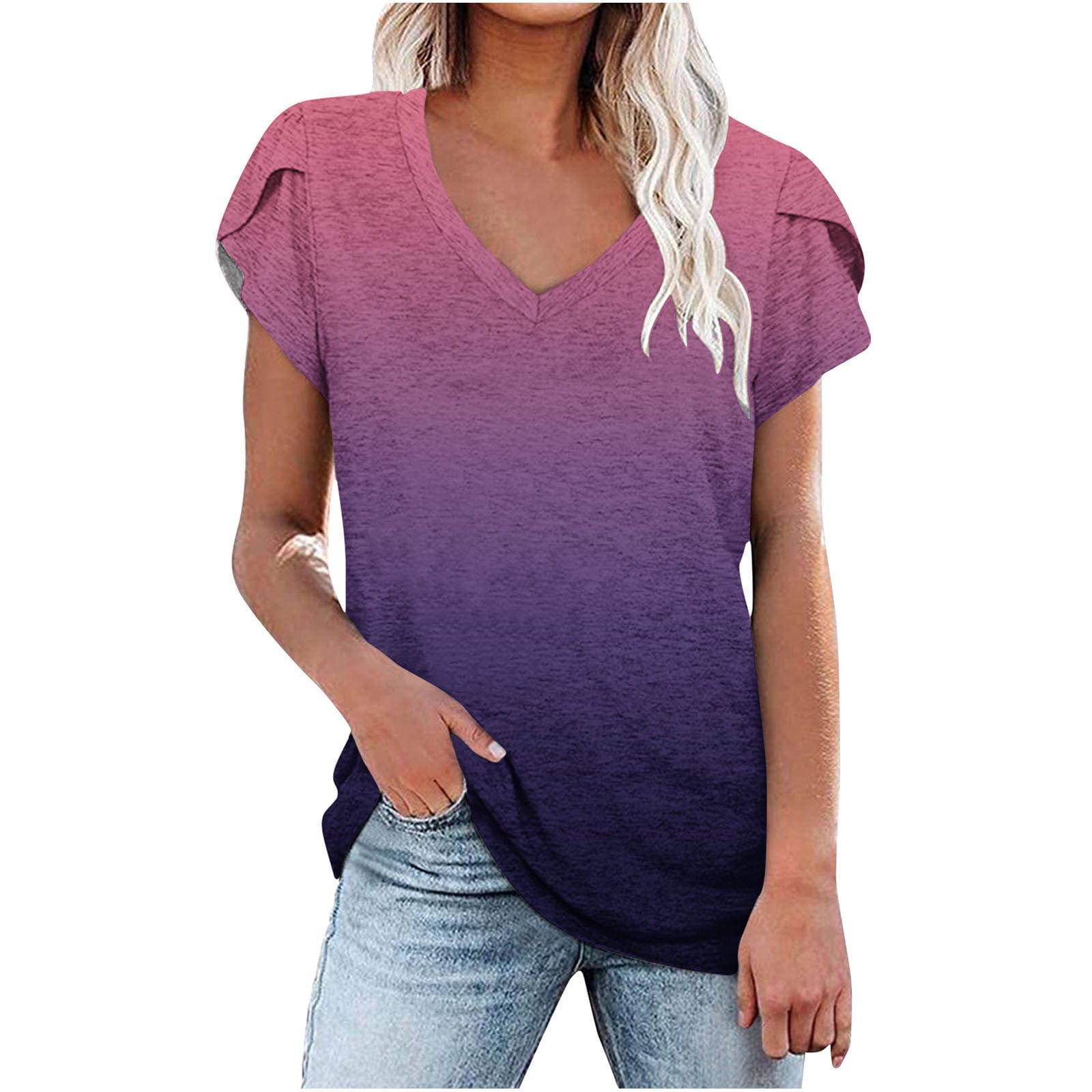 Amoretu Women's Summer Tee - Short Sleeve V-Neck Curved Hem Blouse, Purple Size S