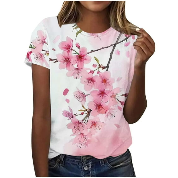 Womens Casual T-Shirts Plus Size Cute Pink Floral Print Shirts Loose Pullover Short Sleeve Blouses Summer Clothing Tops