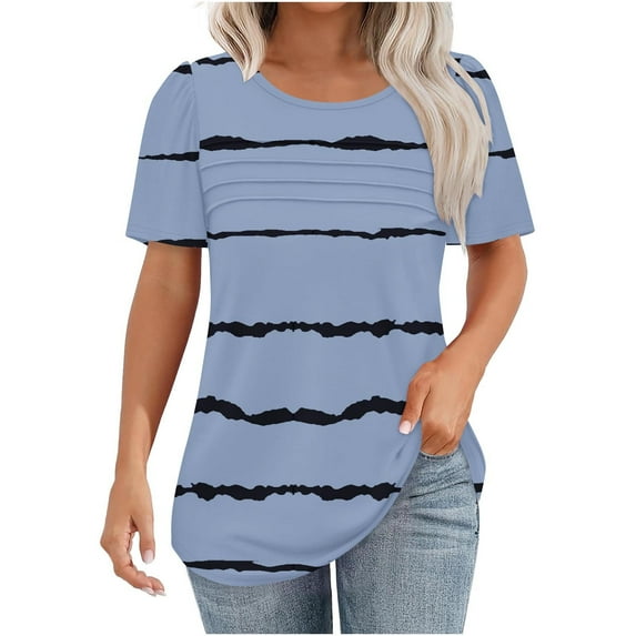 Womens Casual T-Shirts Summer Short Sleeve Shirts Fashion Stripe Prints Chest Pleated Blouses Lightweight Loose Round Neck Pullover Top