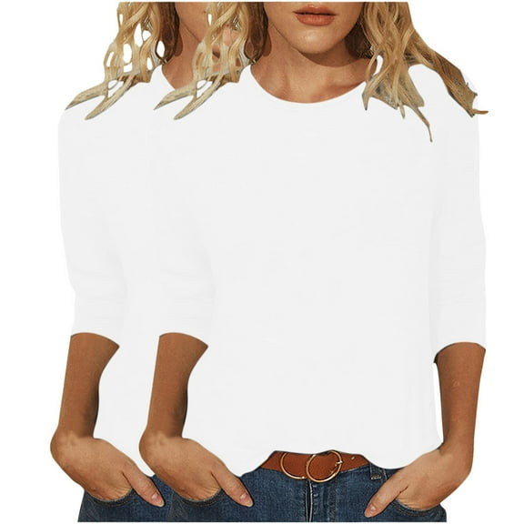 Womens Casual T-Shirts Tops 3/4 Sleeve Round Neck Cute Fall Tunic Basic Tees Blouses Loose Fit Solid Pullover Tops,White 1,XL