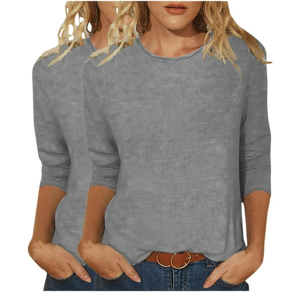 Womens Casual T-Shirts Tops 3/4 Sleeve Round Neck Cute Fall Tunic Basic Tees Blouses Loose Fitting Solid Pullover Tops,Gray 1,L