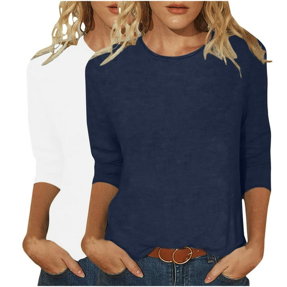 Womens Casual T-Shirts Tops 3/4 Sleeve Round Neck Cute Fall Tunic Basic Tees Blouses Loose Fitting Solid Pullover Tops,Navy 2,M