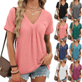 thumbnail image 1 of Womens Casual T Shirts V Neck Short Sleeve Tops Solid Color Front Pleated Loose Fit Summer Shirts for Women Blouses Basic Tee, 1 of 9