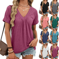 thumbnail image 1 of Womens Casual T Shirts V Neck Short Sleeve Tops Solid Color Front Pleated Loose Fit Summer Shirts for Women Blouses Basic Tee, 1 of 8