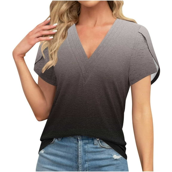 Womens Casual T-shirts Pleated V Neck Tops for Summer Soft Polyester Cotton Petal Short Sleeve Basic Tee Shirt (Large, Gray #1)