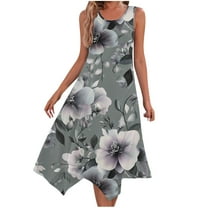 Womens Casual Tank Dress Floral Sleeveless Summer Midi Dress Asymmetrical Hem Vacation Beach Outfit