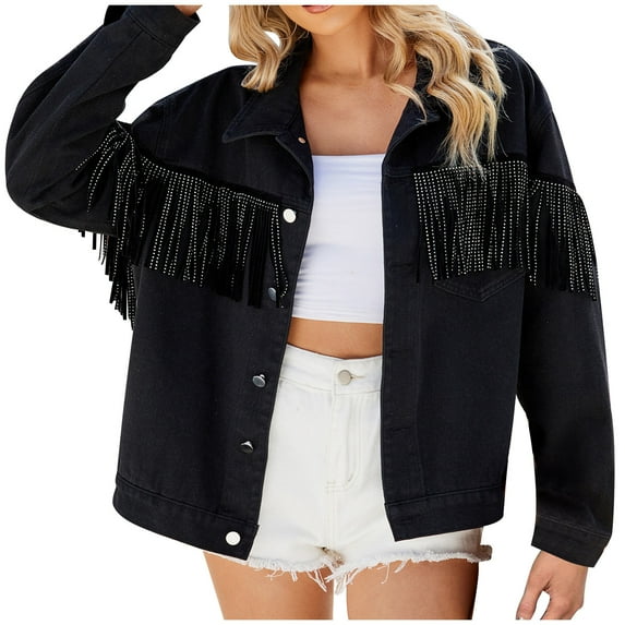 Womens Casual Tassel Black Denim Jacket Fashion Fringe Rhinestone Long Sleeve Button Jean Coats Womens Oversized Hoodies Sweatshirt S-163 Black L